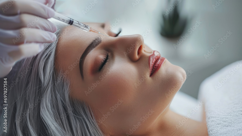 Cosmetic surgeon gives Botox, a rejuvenating injection in the face to maintain the beauty of an aging woman