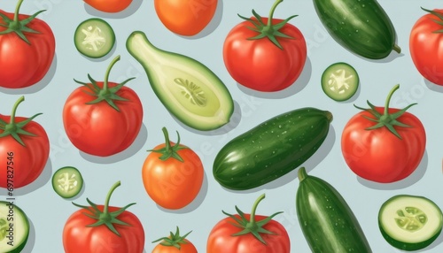  a bunch of tomatoes, cucumbers, and a cucumber on a blue background with a pattern of tomatoes, cucumbers, and a cucumber.