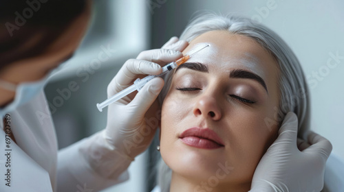 Cosmetic surgeon gives Botox, a rejuvenating injection in the face to maintain the beauty of an aging woman