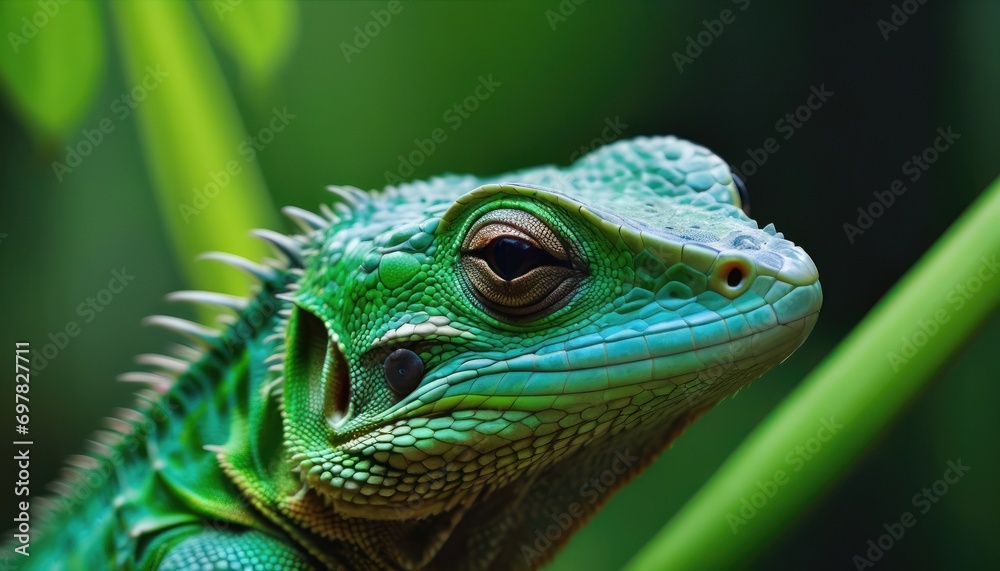  a close up of a green iguana on a branch with a leaf in the foreground and a blurry background of green grass in the foreground.