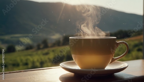  a cup of coffee on a saucer on a table with a view of a valley and mountains in the distance with the sun shining on the top of the cup.