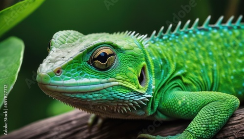  a close - up of a green lizard on a branch with a leaf in the foreground and in the background, a green background of leaves and a green background.