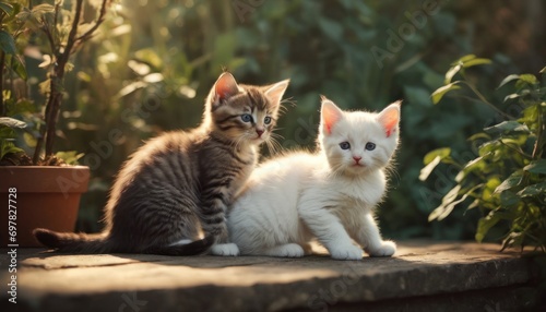  two kittens sitting next to each other in front of a potted plant and a potted plant in the foreground, with the sun shining on the ground. © Jevjenijs