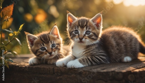  a couple of small kittens sitting next to each other on a wooden surface in front of a bush and trees with the sun shining through the leaves behind them.