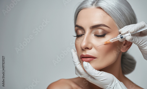 Cosmetic surgeon gives Botox  a rejuvenating injection in the face to maintain the beauty of an aging woman
