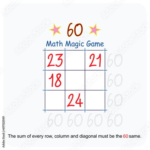 Magic math game. (Magic square)  Recreational mathematics and educational series vector illustration.