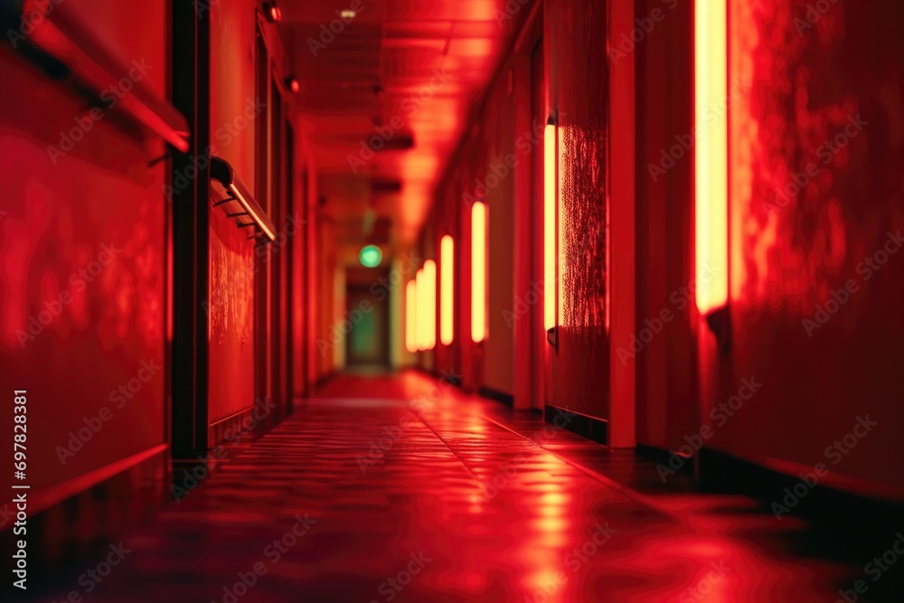 A long hallway illuminated by eerie red lights. Perfect for creating a mysterious and suspenseful atmosphere. Ideal for use in horror films, thrillers, or haunted house themes