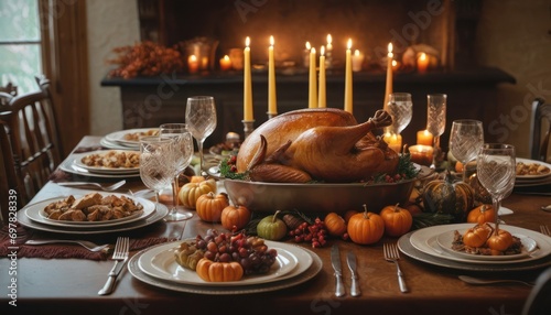  a large turkey sitting on top of a table next to a bunch of plates with food on it and lit candles in the middle of the top of the table.