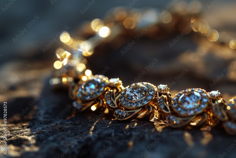 A close-up view of a bracelet placed on a rock. This image can be used to showcase jewelry or as a symbol of strength and stability A close-up view of a bracelet placed on a rock. This image can be used to showcase jewelry or as a symbol of strength and stability