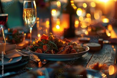 A plate of food and a glass of wine on a table. Perfect for restaurant promotions or food and drink related designs