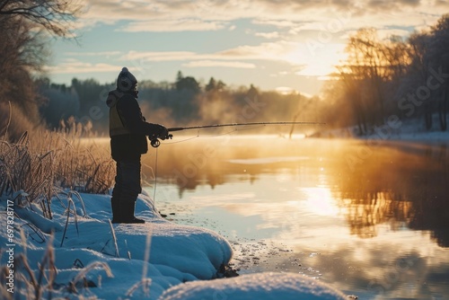 A person standing on a snow covered bank with a fishing rod. This image can be used to depict winter fishing or enjoying outdoor activities in snowy landscapes © Fotograf