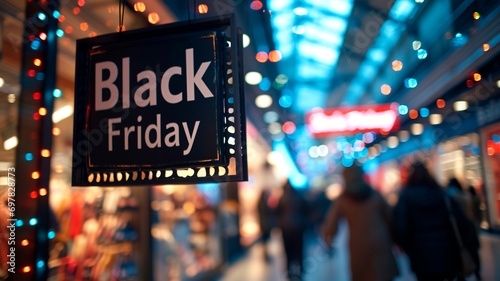 Advertising sign. with the words "Black Friday" on the background of the street bustle. Generative AI