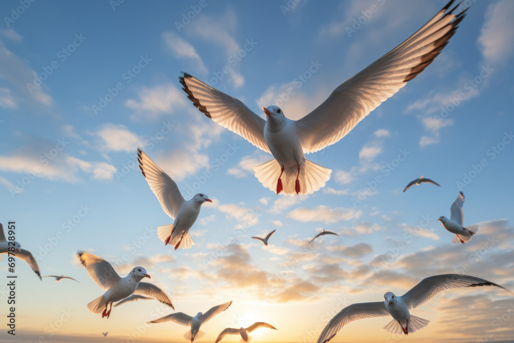 A group of seagulls flying in the sky against the background of sunset near the sea - obrazy, fototapety, plakaty 