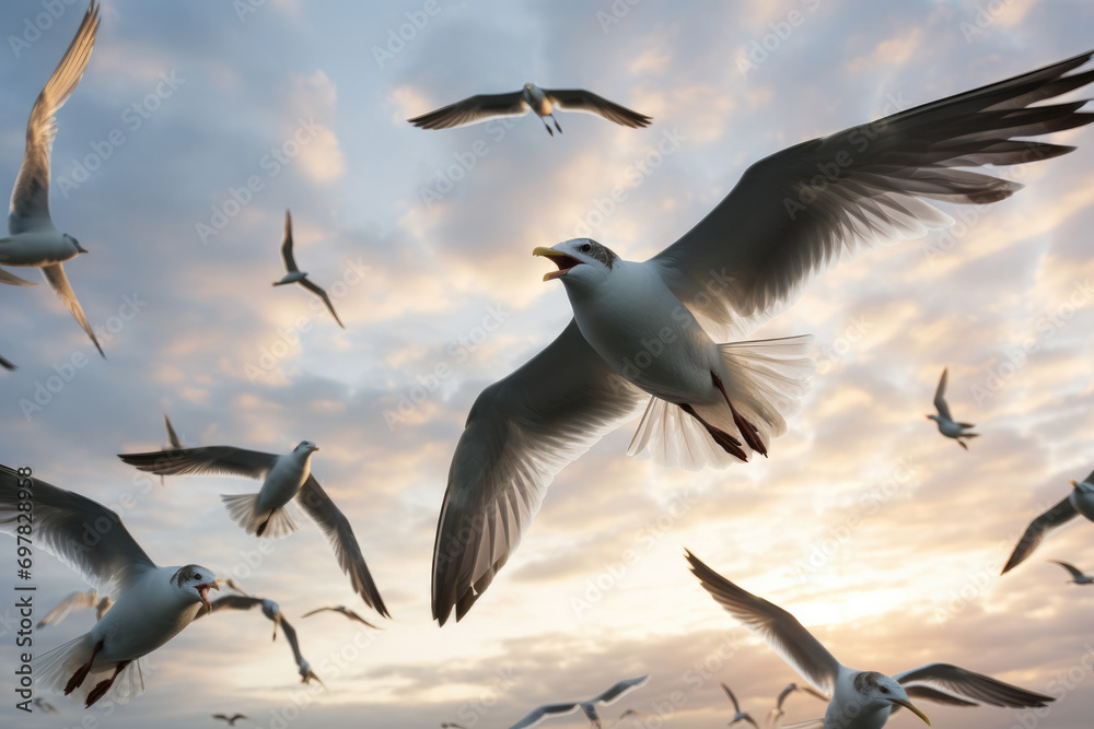 Obraz premium A group of seagulls flying in the sky against the background of sunset near the sea