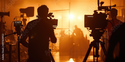 A man standing confidently in front of a camera, ready to capture the perfect shot. Suitable for photography and videography themes