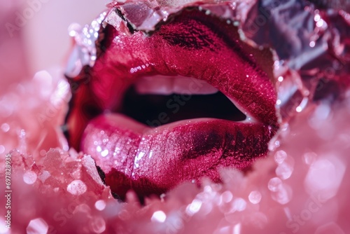 A close-up shot of a red lip covered in ice. Perfect for winter-themed designs or beauty concepts