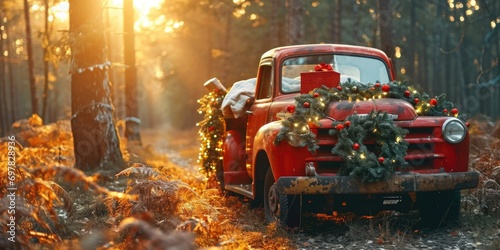 An old red truck with a Christmas wreath on the front. Perfect for holiday-themed projects and festive decorations