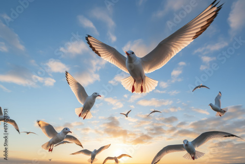A group of seagulls flying in the sky against the background of sunset near the sea photo