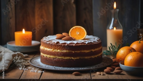  a cake sitting on top of a wooden table next to a bowl of oranges and a glass of orange juice with a candle in the middle of the cake.