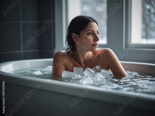 Woman in a bath with cold water and ice cubes
