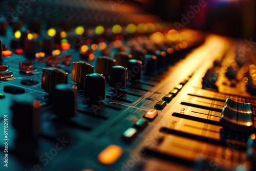 A detailed view of a sound board in a recording studio. Ideal for music production, audio engineering, and sound mixing projects photo