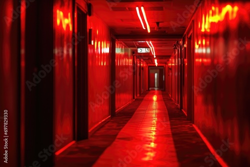 A long hallway with red walls and lights. Perfect for adding a touch of drama to any project