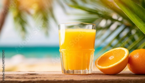 Fresh orange juice glass on a wooden table top with blurred tropical palm leaves and summer beach 