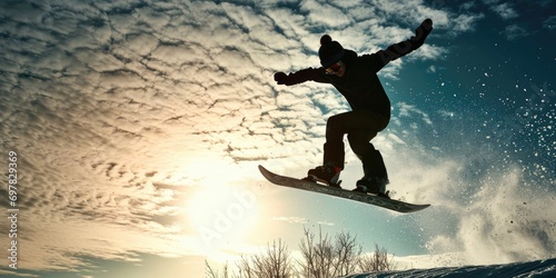 A person on a snowboard performing an impressive jump in mid-air. Ideal for sports and outdoor adventure themes