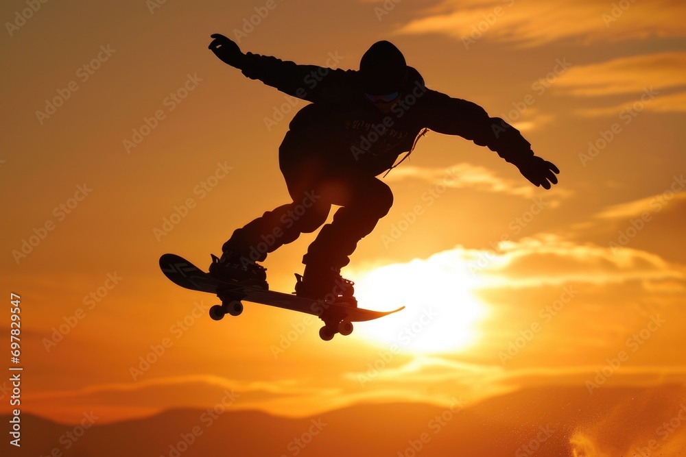 Person skateboarding in mid-air during a stunning sunset. Perfect for action and sports-related projects