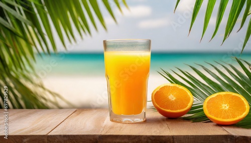Fresh orange juice glass on a wooden table top with blurred tropical palm leaves and summer beach 