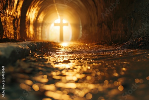A picture of a tunnel with a bright light at the end. Can be used to symbolize hope, new beginnings, or finding a way out of difficult situations photo