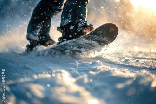 A person riding a snowboard down a snow covered slope. Suitable for winter sports and adventure themes photo