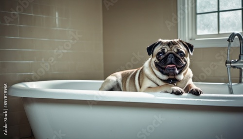  a pug dog sitting in a bathtub with his paws on the edge of the bathtub and looking at the camera with a wide open window behind him.