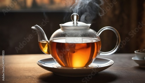  a teapot with steam rising out of it sitting on a saucer on a table next to a cup of tea and a plate with a saucer on it.