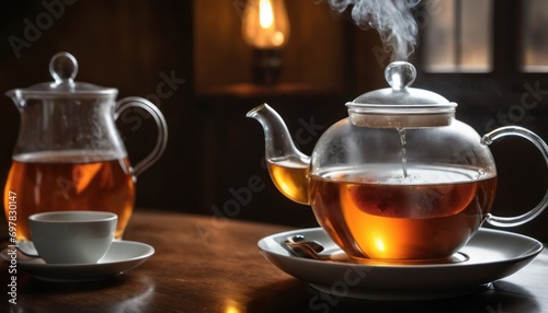  a tea pot with steam rising out of it and a cup of tea next to it on a saucer with a saucer on a saucer on a wooden table.