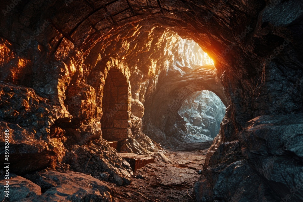 A picture of a cave with a visible light source at the end. Can be used to depict hope, new beginnings, or a journey towards a goal