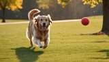  a golden retriever dog running towards a red ball in a grassy area with a tree in the back ground and a red ball in the air in the foreground.