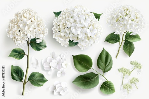 A bunch of white flowers and leaves arranged on a white surface. Suitable for various uses