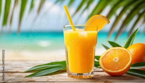 Fresh orange juice glass on a wooden table top with blurred tropical palm leaves and summer beach	
