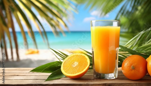 Fresh orange juice glass on a wooden table top with blurred tropical palm leaves and summer beach