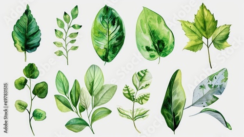 A collection of fresh green leaves placed on a clean white background. Suitable for various design projects and nature-themed concepts