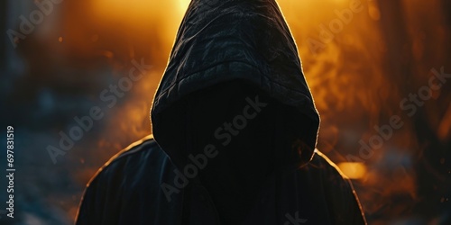 A person wearing a hoodie stands in front of a bright sun. This image can be used to depict solitude, mystery, or the beauty of nature