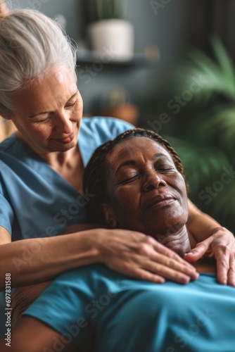 A touching image of a woman with her arm around another woman's neck. This picture captures a warm and loving embrace. Perfect for illustrating friendship, support, or unity