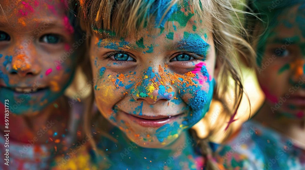 Portrait of children after the festival of holi colours, children dipped in multi-coloured paints