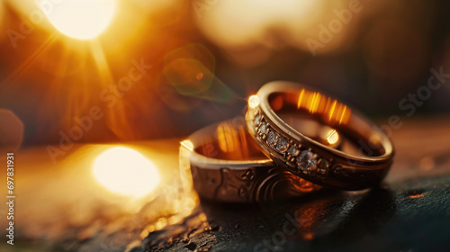 Two wedding rings sitting on top of a wooden table. Perfect for wedding invitations and jewelry advertisements photo