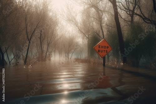 Flooded path with only traffic sign. Generative AI