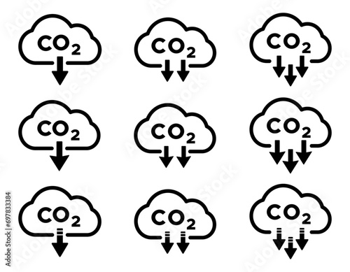 Colorful trendy CO2 reduction flat graphic vector icons collection