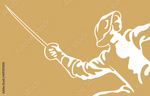 Silhouette of a swordsman in action. Golden stencil emblem. Vector image