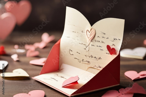 Heartfelt Valentine notes Express love with heart shaped notes bursting from an envelope photo
