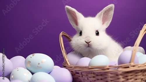 White Easter bunny on purple background among eggs © Alina Zavhorodnii